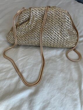 Stunning Metallic Gold Woven Shoulder Clutch with Chain Strap